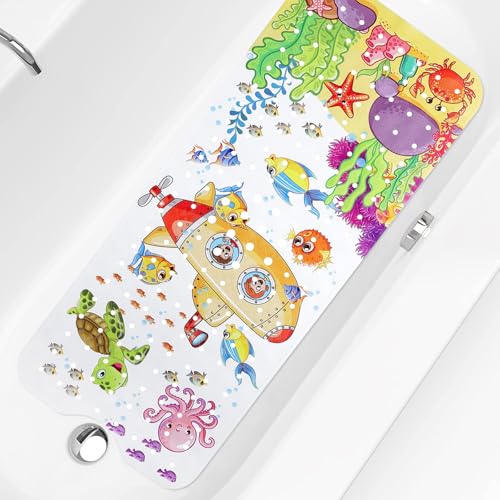 Baby Bath Mat 40x16in Cartoon Kids Bathtub Mat Non Slip with Suction Cup Drain Holes Toddler Shower Mat, Machine Washable Bath Tub Shower Mat Reusable Bath Mat for Tub Bathroom (Vertical Submarine)