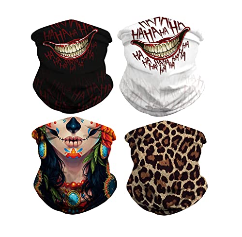 Freesiom Lot de 4 Cache Cou Col Visage Couvre-Chef Bandana Tube Homme Femme Cagoule Tete de Mort Leopard Fleur Motif Tour de Cou Sport Moto Velo Protection Vintage Cadeau Pas Cher