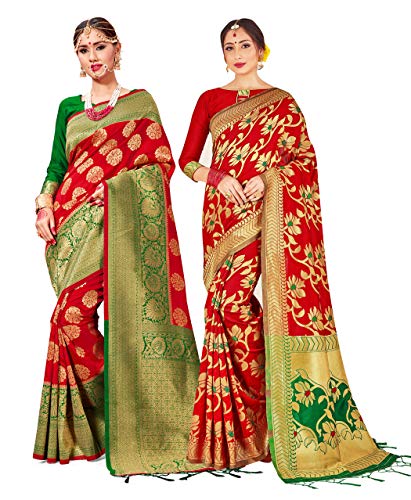 Elina fashion Pack of Two Sarees for Women Banarasi Art Silk Woven Indian Wedding Sari