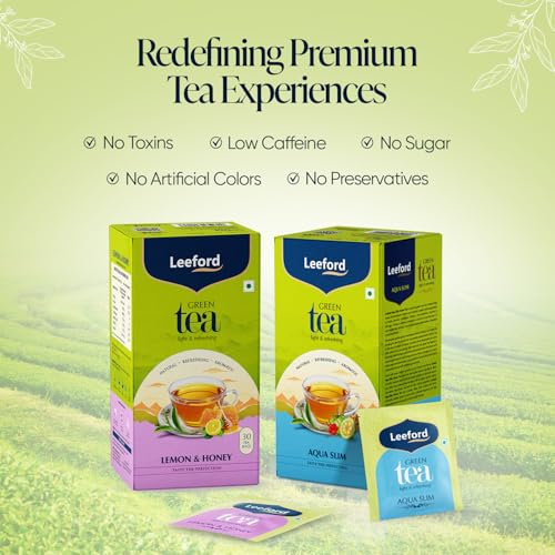 Image of Leeford Aqua Slim + Honey Lemon Green Tea - Pack of 2 (30 Compostable Tea Bags) | With Garcinia, Hibiscus & Moringa for Digestion & Detox | Supports Weight Management & Metabolism
