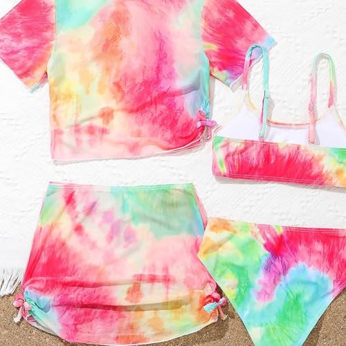 Girls 4 Piece Bikini Set Tie Dye Swimsuits with Cover Up Skirt Cute Tankini Bathing Suit Kids Toddler Beach Swimwear4