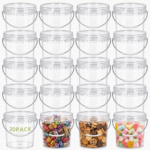 METAPACK 20 Pack 0.5-Quart Mini Plastic Buckets with Lids and Handles Small Food Storage Pails Candy Buckets for Party Favors Birthday Gift Containers Classroom Craft Storage (Clear)