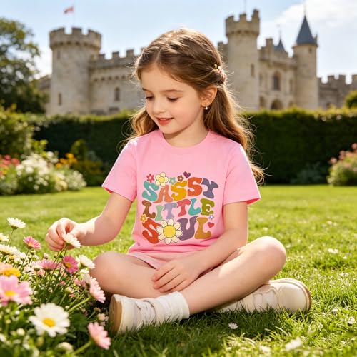 Image of Toddler Girls T Shirts Sassy Little Soul Graphic Short Sleeve Shirts 2-7 Years Cotton Baby Girl Retro Daisy Tees Clothes
