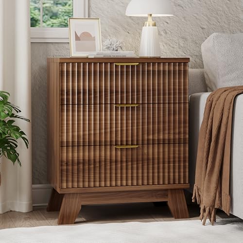 Image of Xixini Fluted Nightstand, 24 inch Wide Side Table with 3 Large Storage Drawers, Mid Century Modern Wood Night Stand with Metal Handle, Wooden Bedside End Table for Bedroom, Walnut