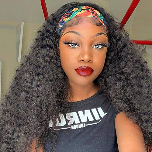LEOSA Corn Headband Wig Kinky Curly Wigs for Black Women,Long Natural Black Wave Curly Wigs with Headband Attached Easy to Wear Machine Made Head Wrap Wig for Black Women Deep Wave Synthetic Wig