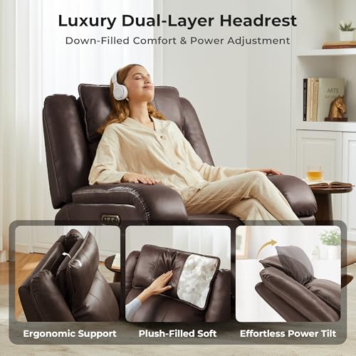 Image of SITJOY Pet Friendly Leather Power Recliner Chair, Zero Wall Hugger RV Recliners with Power Headrest, Charging Ports, Side Pockets, Down-Filled, Scratch Resistant Waterproof Faux Leather in Dark Brown