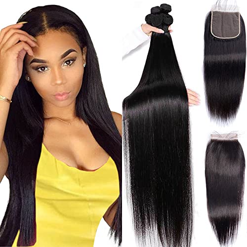 CHEEON Human Hair Bundles with Closure (16 18 20+14 Inch) Brazilian Straight Hair Bundles with Closure Unprocessed Virgin Straight Human Hair Weave 3 Bundles with Lace Closure 4x4 Free Part