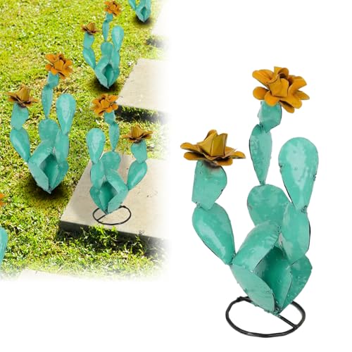 Metal Cactus Outdoor Decor – Rustic Iron Cactus Yard Art Sculpture for Garden, Patio, Lawn, or Balcony (Green)