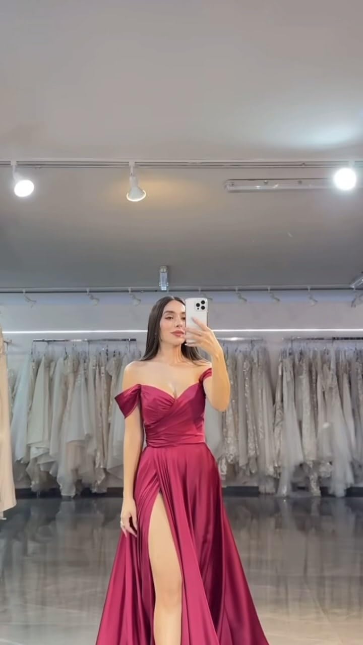 Women's Off The Shoulder Bridesmaid Dresses with Slit Satin Formal Gowns Long Prom Evening Party Dress with Pockets