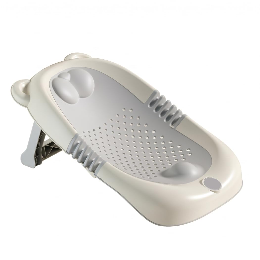 Supporto per bagnetto, seggiolino da bagno pieghevole per neonati con orecchie da orso dei cartoni animati, supporto per vasca da bagno ergonomico traspirante, 51x33x20 cm, grigio