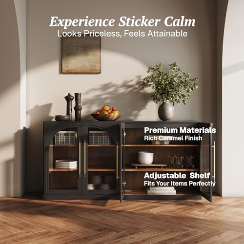 Image of BELLEZE Set of 2 Modular Sideboard with Arched Glass Door, Accent Display Buffet Cabinet with Storage and Adjustable Shelves, 65'' Classic Modern Credenza for Living Room Kitchen Entryway (Ebony)