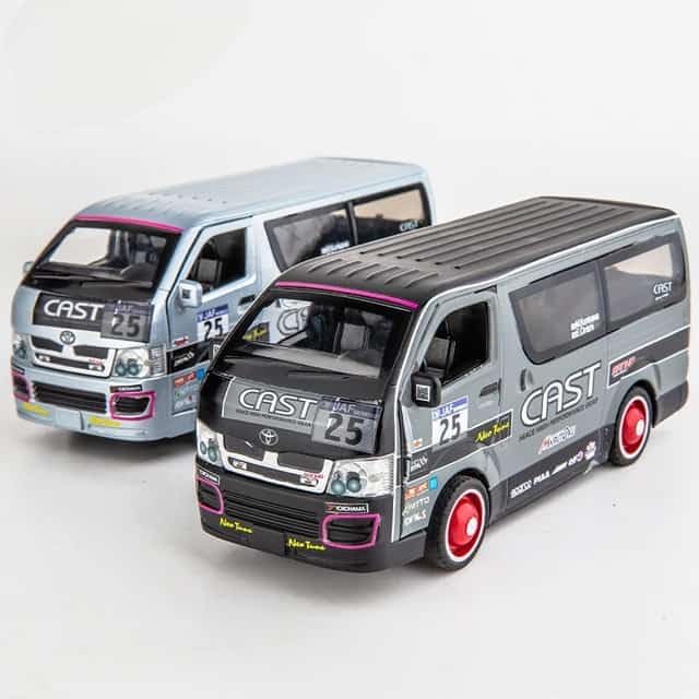 Image of 1:32 Scale Hiace Racing School Van Toy Car | Metal Pullback Diecast Car for Kids with Openable Doors, Sound, Light Effects Toy for Car Enthusiasts (Color As Per Available), White