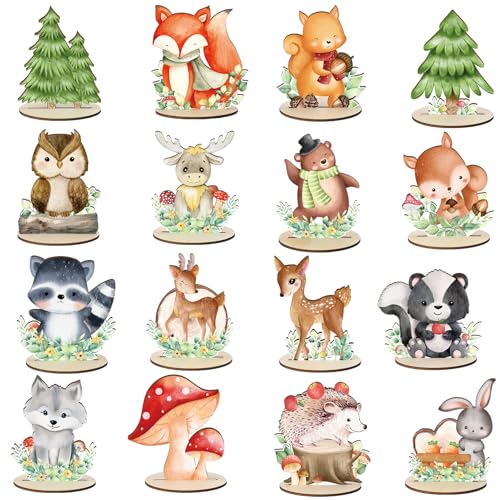 Guiqulai 16 Pcs Woodland Animals Wood Table Centerpieces, Woodland Baby Shower Decorations Animals Cutout Shapes Woodland Birthday Decorations for Baby Shower Birthday Supplies