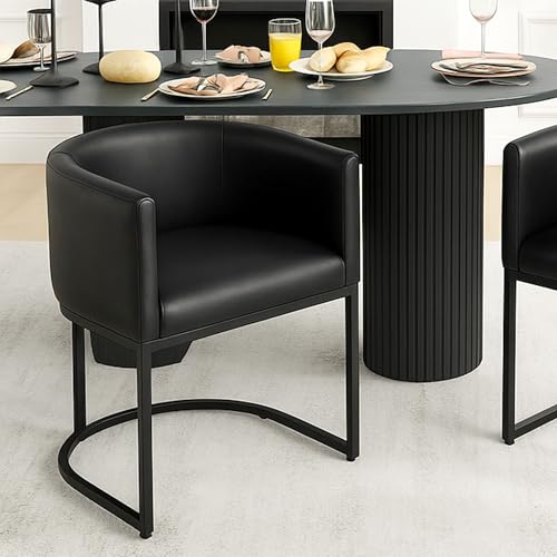 Image of HNY Mid Century Modern Upholstered Barrel Black Dining Chair with Arms, Leather Kitchen & Dining Room Chair, 18.5 inch Wide Accent Chair for Dining Room Living Room with Black Metal Frame