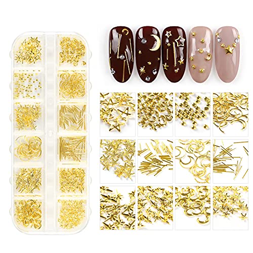 12 Grids Nail Art Studs Gold Metal Rivet Star Moon Hollow Multi Shapes Nail Art Charms Decals Manicure Decoration Tools Kit Nail Design Kit