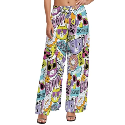 Modern Abstract Glasses Cat Palazzo Pants for Women, Soft Womens Wide Leg Baggy Pants, Comfy Lounge Pants for Women