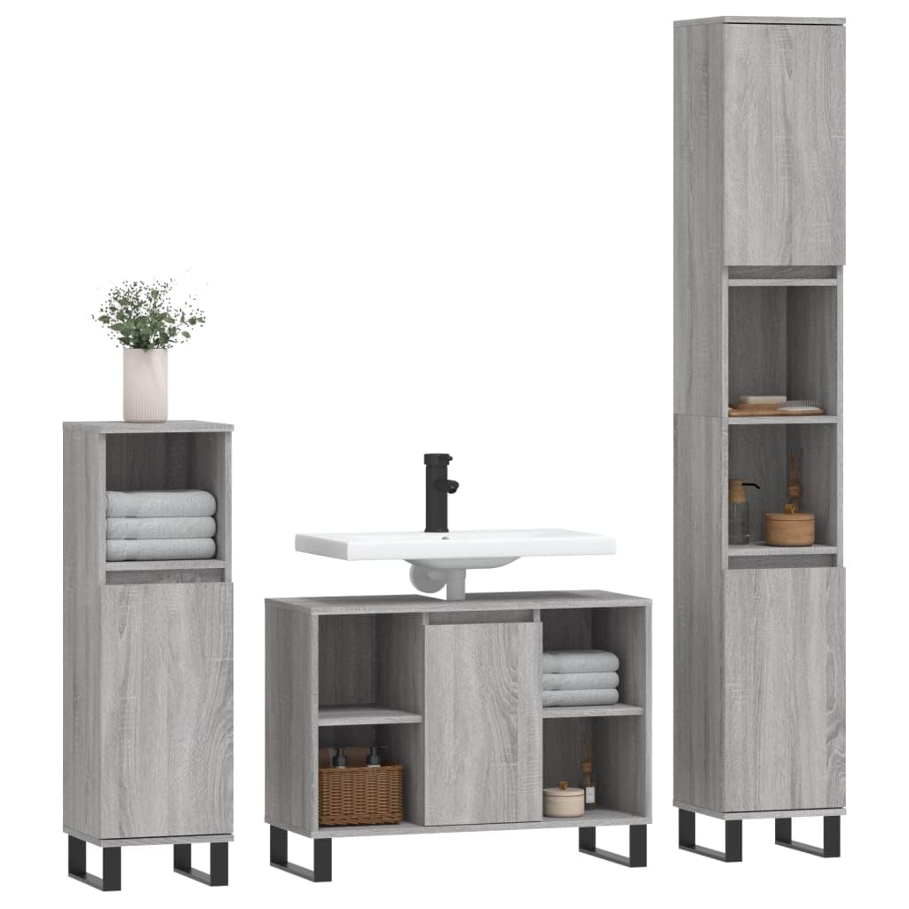 Set di mobili da bagno in legno Sonoma grigio, 3 pezzi, con mobiletto per lavabo, armadietto alto, armadietto a specchio, cassetto, scaffale, salvaspazio, per bagno e WC degli ospiti