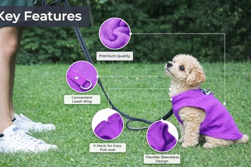 Image of JACKO & CO - Fleece Vest Dog Sweater with Leash Ring - Soft, Warm & Lightweight Pullover Coat for Small & Medium Dogs, Puppies & Cats - Cozy Fall /Winter /Spring Pet Jacket (Purple, X-Small 2-4lbs)