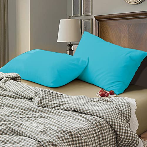 Image of Soft Pillow Covers 19 x 30 Inches - Egyptian Cotton 600 Thread Count Set of 2 Pillow Cover Set Envelope Closure Hotel Quality Pillowcase - Turquoise Blue