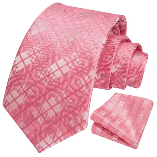 Image of HISDERN Ties for Men Plaid Checkered Tie with Pocket Square Woven Business Formal Necktie Handkerchief Set Wedding Party