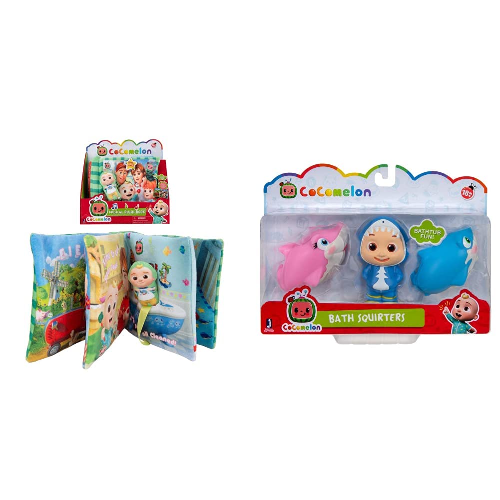 CoComelon Singing Time Plush Book, various, WT80121 & Bath Squirters (2 Shark & JJ)