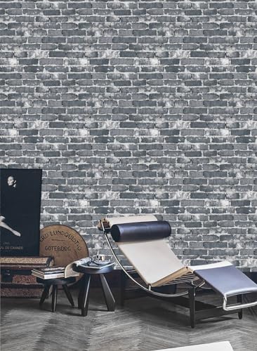 BUVU Vinyltapete 0.53x10m waschbare Tapete graues Backsteinmauermotiv