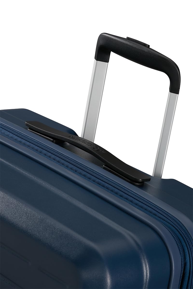 American Tourister Aerojoy Walizka, rozmiar kabinowy 55 cm / 20 cali, 4 kółka, twarda obudowa, ABS, ciemnoniebieska, zamek TSA, wewnętrzna siatka z zamkiem błyskawicznym z przegrodą, krzyżowe paski