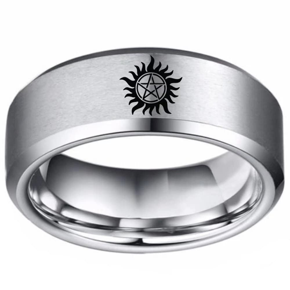 XAHH 8mm Men's Supernatural Ring Dean Anti-Possession Symbol Silver Titanium Steel Flat Band Size 6-13