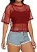 Fishnet Mesh Top for Women Sheer Crew Neck Tshirts Net Blouse for Club Party(Red,L)