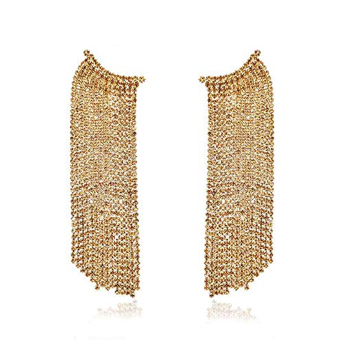 Uncle J Gold/Silver Rhinestone Crystal Long Tassel Dangle Earrings-Fringe Chain Chandelier Drop Earrings for Women, Wedding, Gifts