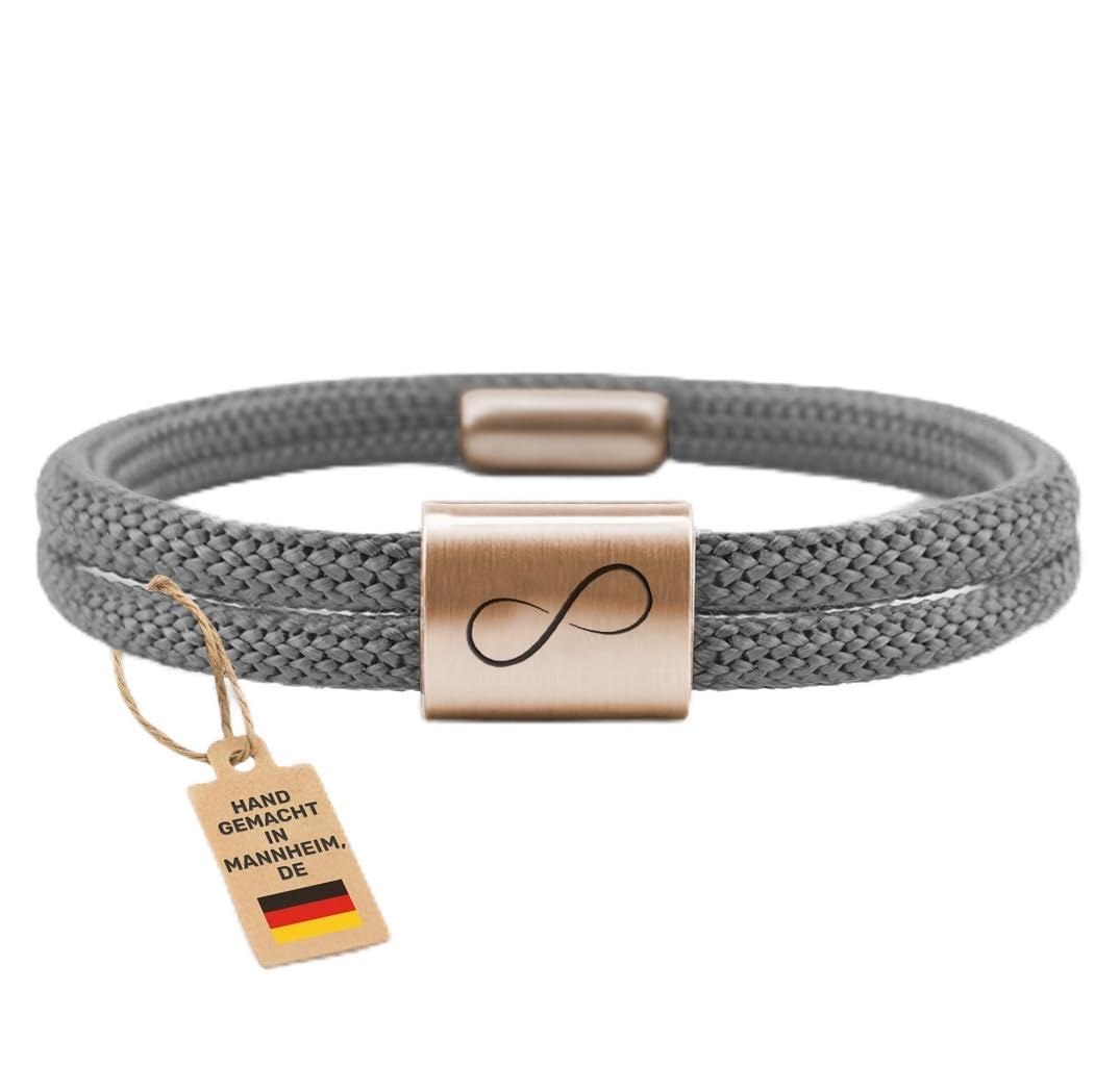 GIPFELWELLE Paracord Armband mit Sicherheits Magnetverschluss, Edelstahl Element mit Gravur, Segeltau Armkette handgemacht, Damen Herren, Infinity, Roségold, 21 cm