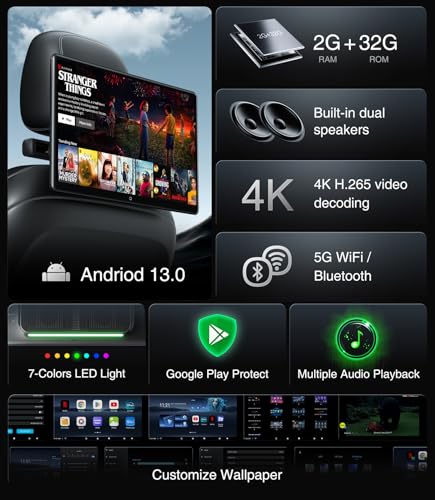 Image of Android 13 Headrest Monitor Car TV Touchscreen Entertainment System for Backseat,Support Phone Wireless Mirroring Sync Screen HDMI Bluetooth USB SD 4K Video Playback
