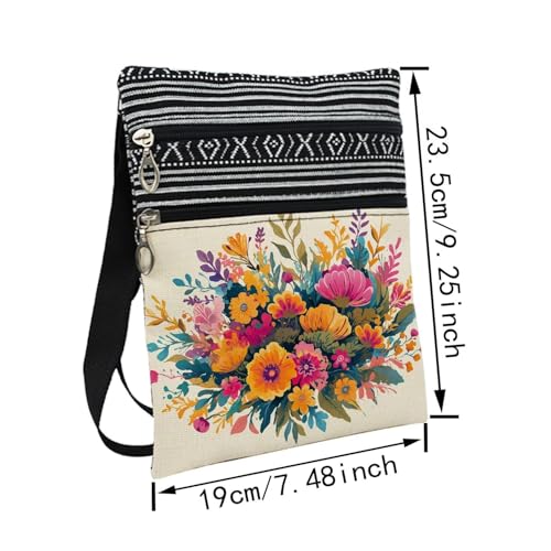 Colorful Flower Messenger Bag Small Ethnic Pattern Printed Adjustable Strap Crossbody Zipper Bag Colorful Flower Phone Bag Wallet Cute Shoulder Handbag for Women Friends -92