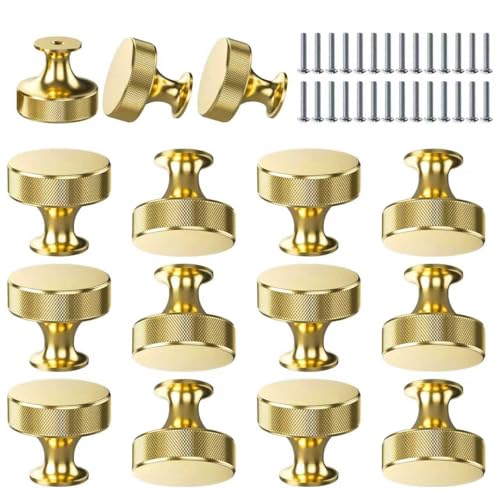 Tidetake 15 PCS Gold Cabinet Knobs Kitchen Handles Solid Brass Cabinet Knobs Gold Knurled Door Hardware Cupboard Knob for Wardrobes Kitchen Furniture