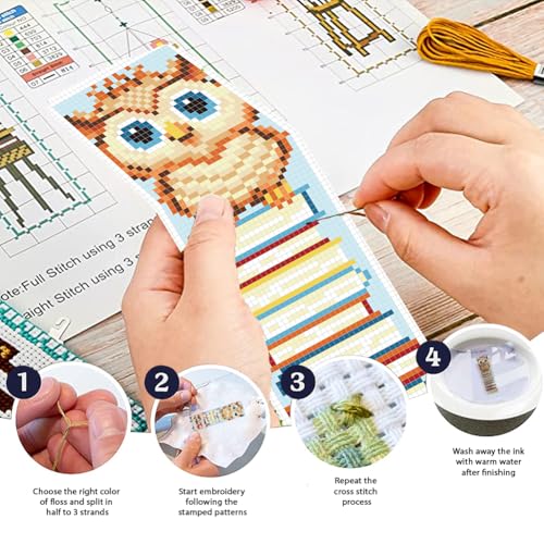 Image of FREEBLOSS 6 Set Cross Stitch Bookmark Kit 11 CT Stamped Cross Stitch Kit DIY Embroidery Bookmark Kits for Adult Beginners with Instructions, Animal Books, 6 x 20 cm /8 inch x 2.4 inch