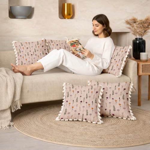 Image of STITCHNEST 'Little Meadow Series' Tassled Cushion Cover | Set of 2 | Floral Cushion Cover 16 inch x 16 inch