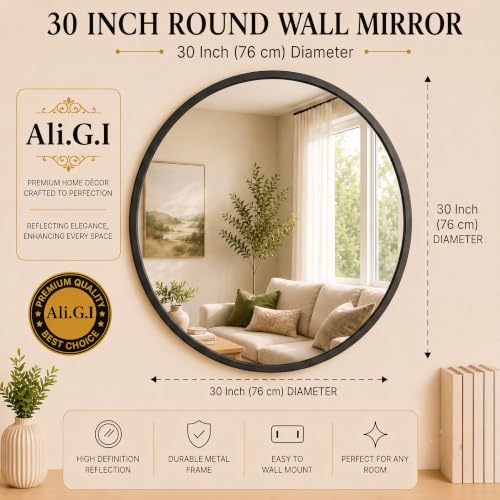 Image of Round Wall Mirror in Gold I Metal Frame Mirror I Modern Design Metal Frame Mirror in Medium Size I Bathroom Wash Basin, Bedroom, Drawing Room (Black 30 inch)