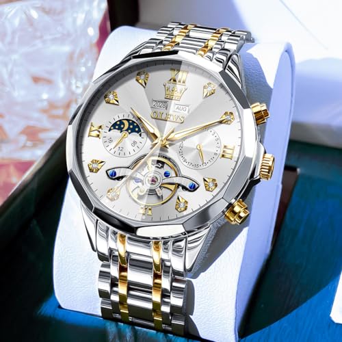 Image of OLEVS Automatic Men Watch Self Winding Mechanical Moon Phase Business Luxury Diamond Dress Stainless Steel Waterproof Luminous Mens Wrist Watch