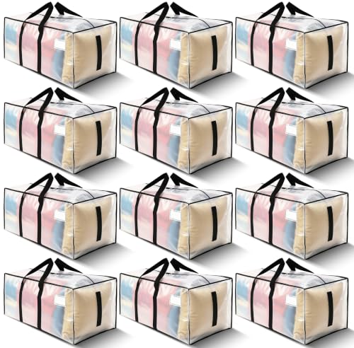 Image of HOMESURE Supports 200lbs Heavy Duty Moving Bags - Strong Zipper & Wrap-Around Handles - Water-Resistant Storage Totes, Durable Alternative to Moving Boxes - 12 Pack - Clear