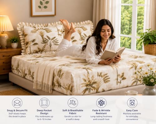 Image of Fitted Bedsheet Queen Size 300 TC Soft Cotton Feel Microfiber All Around Elastic Fitted Double Bedsheet with 2 Frill Pillow Covers | Size (60x78) Dates Tree