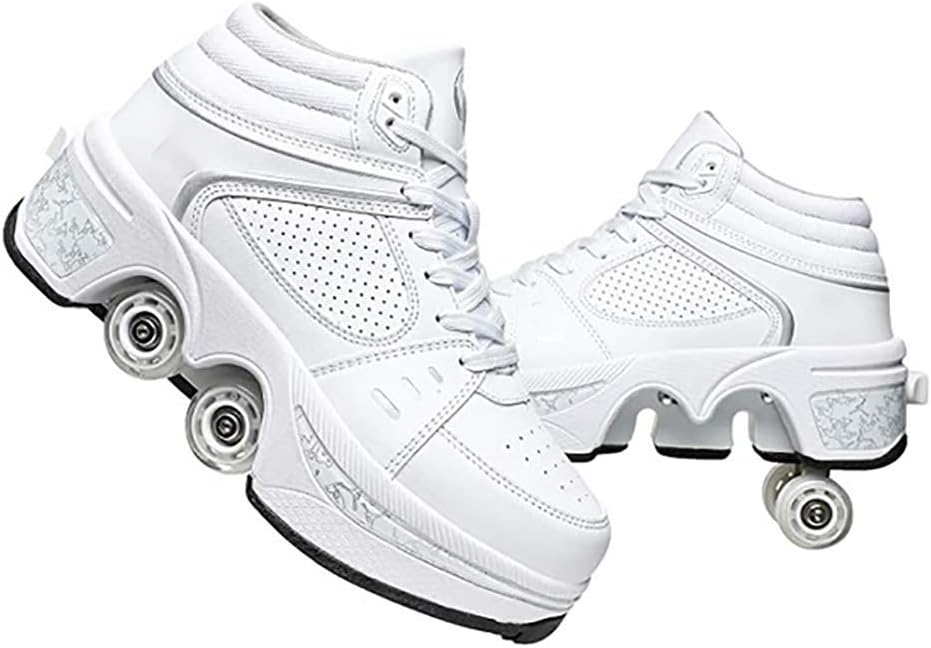 Double-Row Deform Wheel Automatic Walking Shoes Invisible Deformation Roller Skate 2 in 1 Removable Pulley Skates Skating Rollerskates Outdoor Parkour Shoes with Wheels for Girls Boys