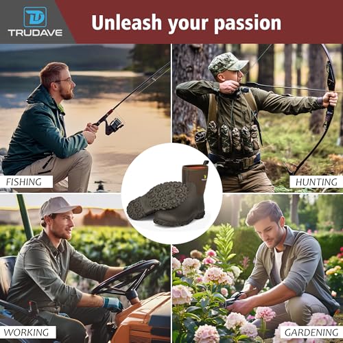 Image of Trudave Rubber Boots for Men, 6mm Neoprene Insulated Mud Boots with Steel Shank, Men's Mid Calf Waterproof Rain Boots,Anti-Slip Rubber Work Boots for Farming Gardening Fishing,Size 7-13