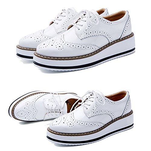 YING LAN Women's Platform Lace-Up Wingtips Square Toe Oxfords Shoe White
