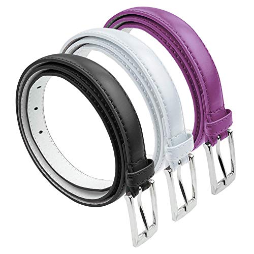 Belle Donne Belt Women, Skinny Dress Belts, Silver Polished Buckle, For Womens Clothes and Fine Dresses, Classy Style, Medium, Black White Dark Purple