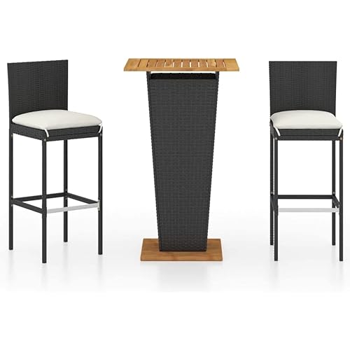 vidaXL Patio Bar Set with Cushions 3 Piece Garden Outdoor Balcony Backyard Terrace Bistro Furniture Table Chair Dining Stools Sets Poly Rattan Black
