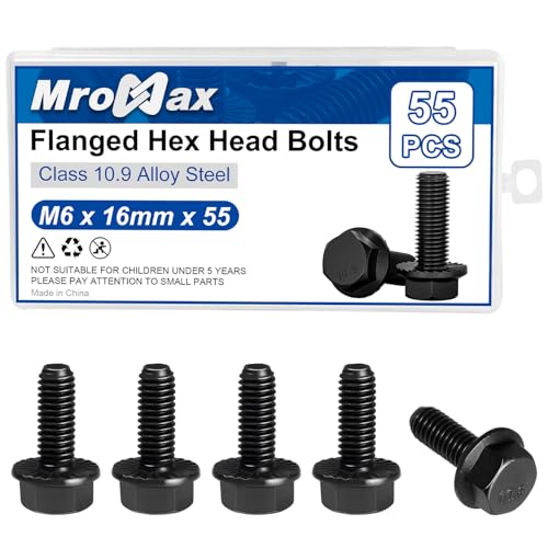 Image of M6-1.0 x 16mm Flanged Hex Head Bolts, 55Pcs Serrated Flange Bolt, Class 10.9 Alloy Steel, Black Oxide, Coarse Thread Fully Threaded, External Flange Hex Drive Screws, DIN6921 /GB5789