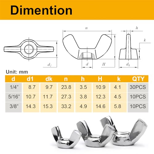 50 pcs wing nuts assorted kit 1434-20 51634-18 3834-16 sae steel 3 size wing nut fastenerscarbon steel zinc plated butterfly wingnuts 14 inch 516 inch38 inchhand twist secure fasteners