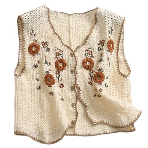 Womens Floral Print Sweater Vest Sleeveless V Neck Vintage Button Front Cardigan Crochet Crop Knit Vest Top