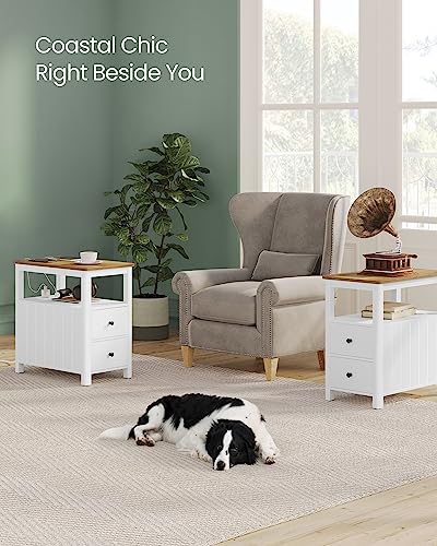 VASAGLE Side Table with Charging Station, Narrow Nightstand with 2 Drawers, Living Room End Table with Storage, for Small Spaces, Coastal Style, Rustic Walnut and Classic White ULET322T14 - Image 6