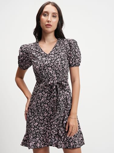 Image of Tokyo Talkies Women's Elegant Puff Sleeve Playful Mini Dress | Flowy | Feminine Silhouette for Effortless Grace | Floral Print